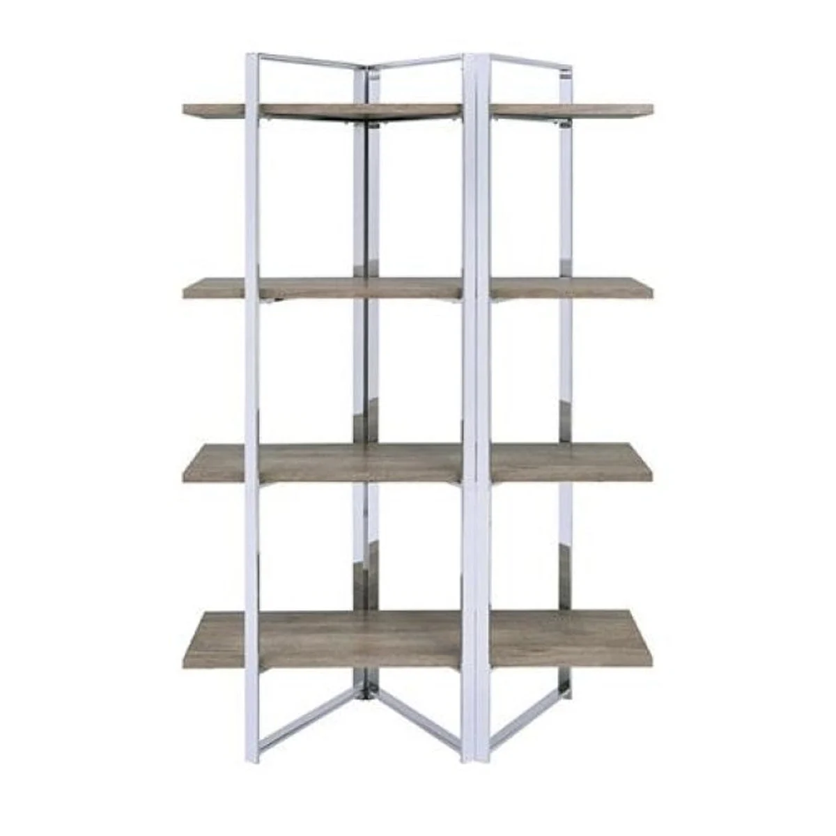 Benzara Geometric Metal Framed Bookshelf with Four Open Wooden Shelves, Brown and Silver