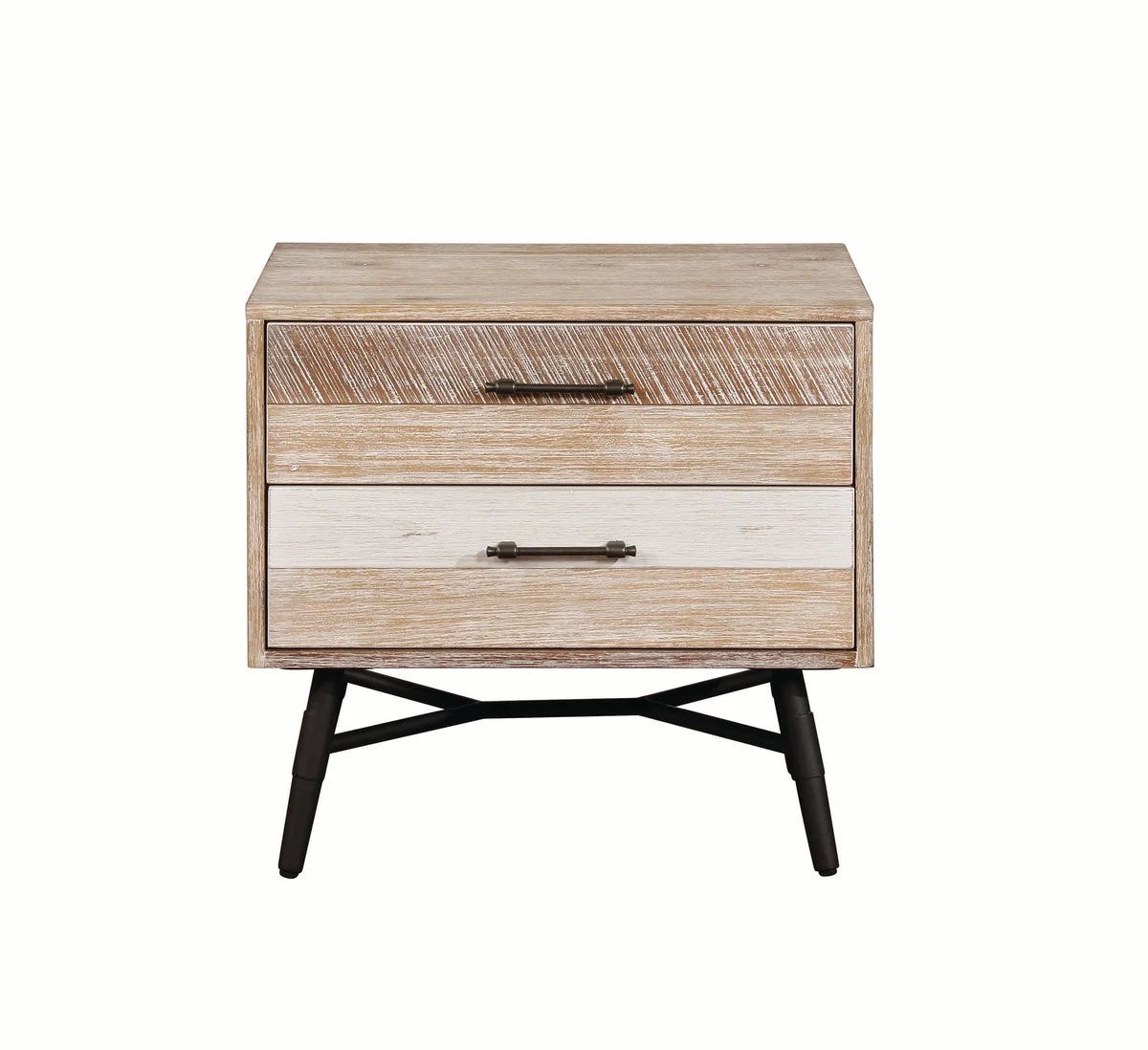 Benzara Two Drawer Wooden Nightstand with Metal Angled Legs, Brown and Black