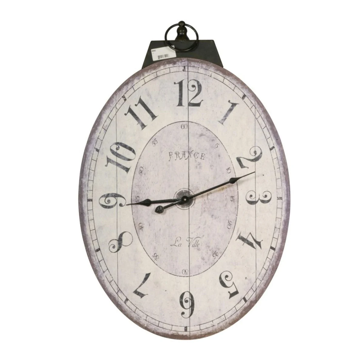 Benzara Distressed Oval Shape Wooden Wall Clock with Ring Hanger, White and Black