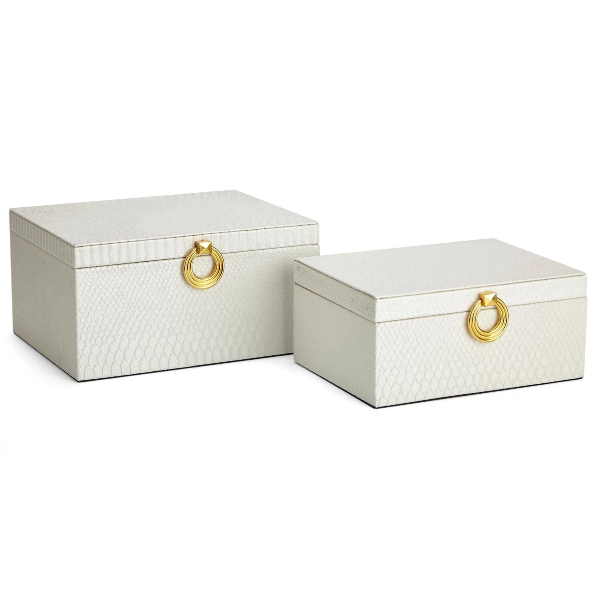 Benzara Wooden Jewellery Boxes Covered in Textured Faux Leather and Metal Handle, White, set of 2