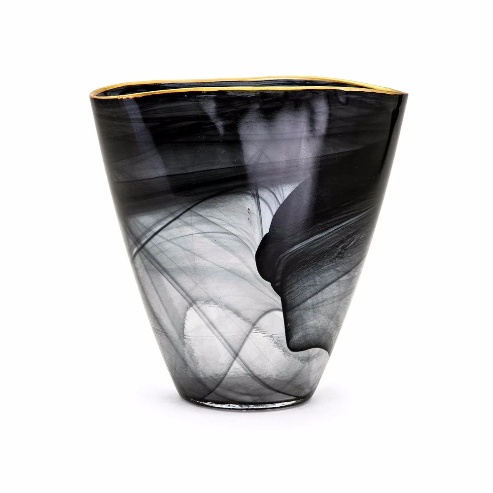 Benzara Freeform Shape Textured Glass Table Vase with Rim Opening, Black and Gold