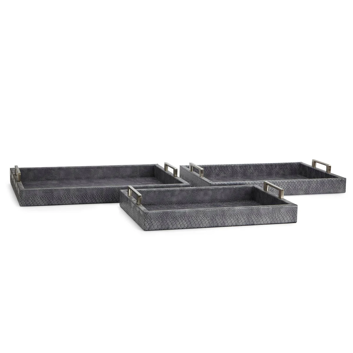 Benzara Wooden Trays Covered in Snakeskin Textured Faux Leather, Gray and Silver, set of 3