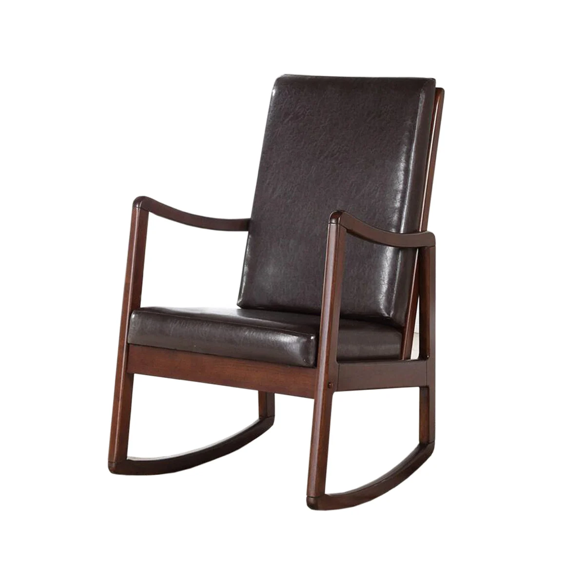 Benzara Wooden Framed Rocking Chair with Leatherette Cushioned Seat and Back, Brown