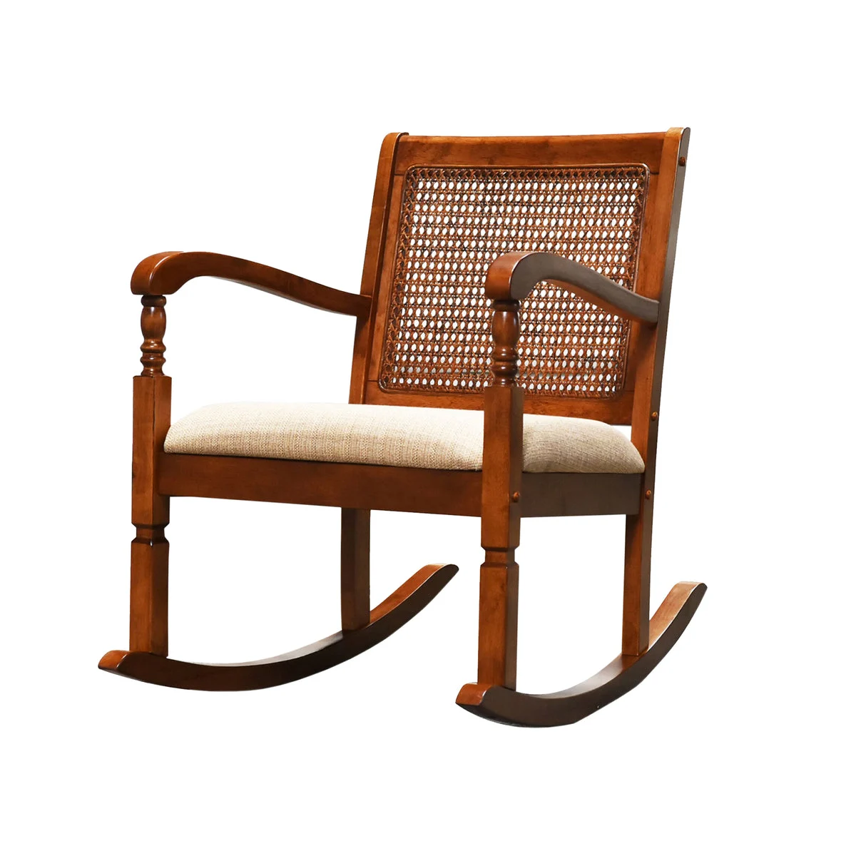 Benzara Wooden Rocking Chair with Mesh Design Back and Fabric Upholstered Seat, Brown and Beige