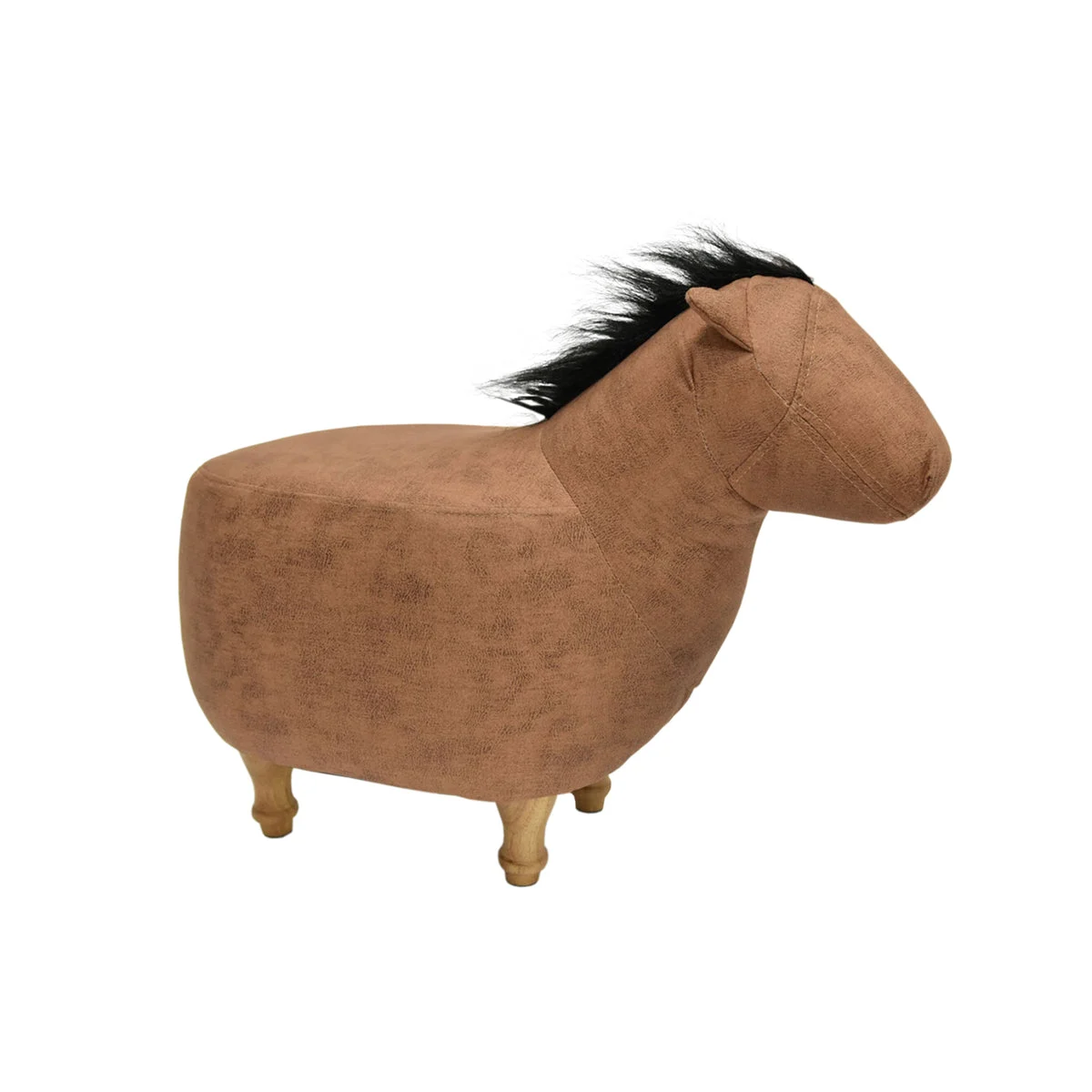 Benzara Horse Shape Wooden Ottoman with Fabric Upholstery, Light Brown and Black