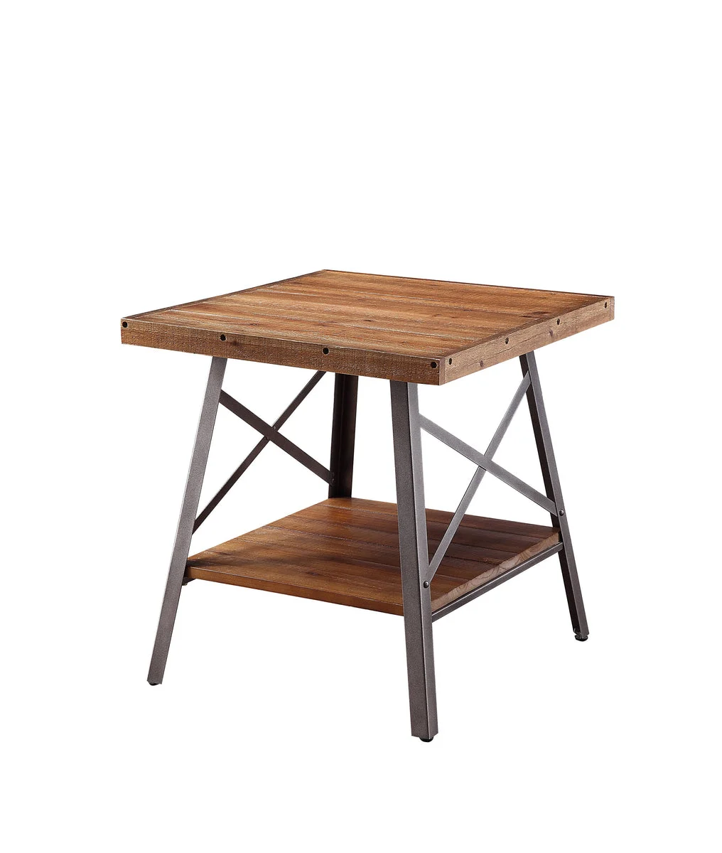 Benzara Industrial Metal and Wood End Table with Bottom Shelf, set of 2, Brown and Black