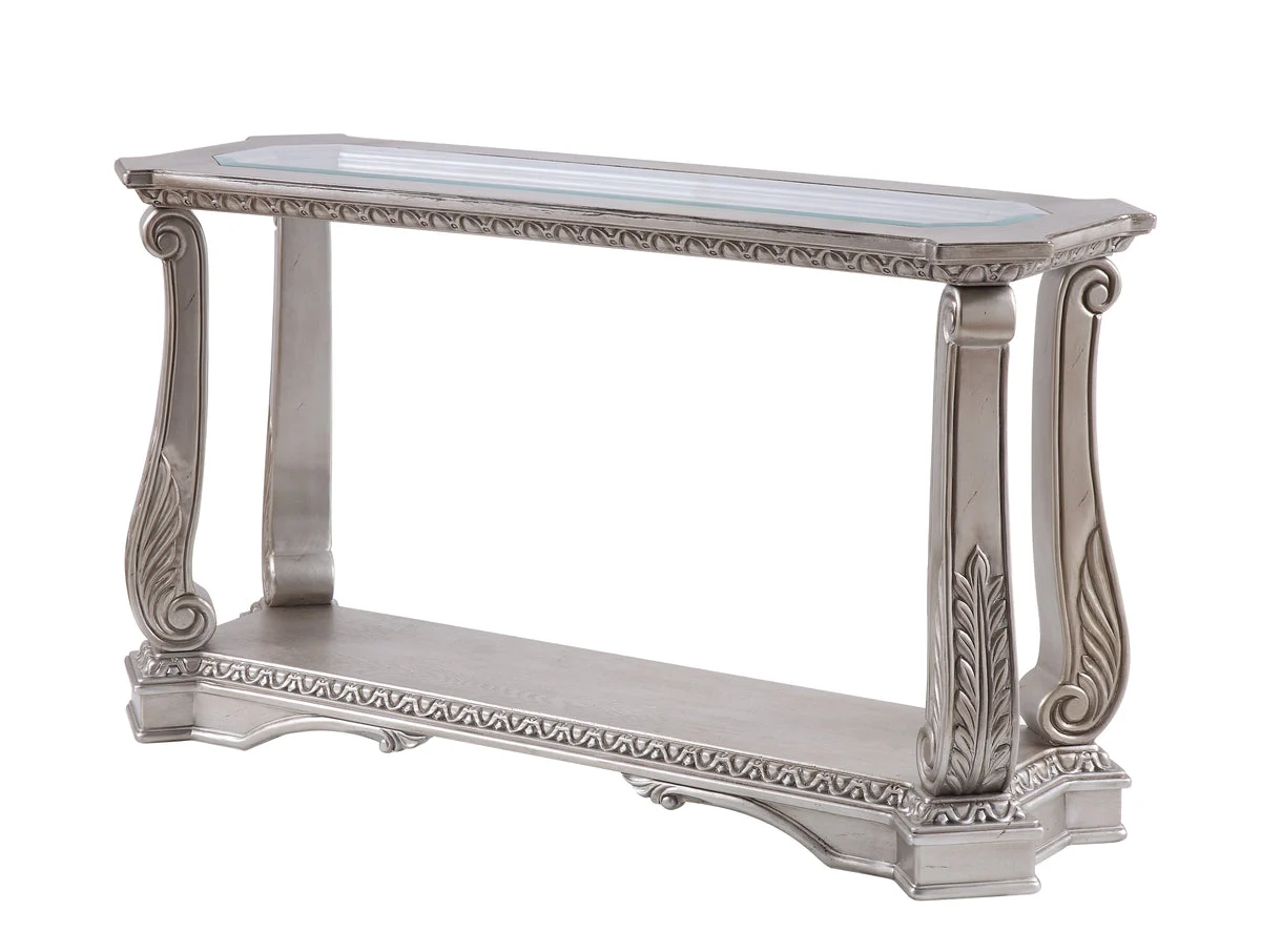 Benzara Antique Sofa Table with Polyresin Engravings and Clear Glass Top, Silver and Clear