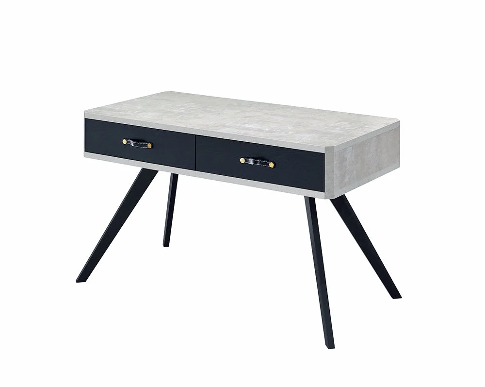 Benzara Faux Concrete Desk with Two Drawers and Flared Legs, Black and Gray