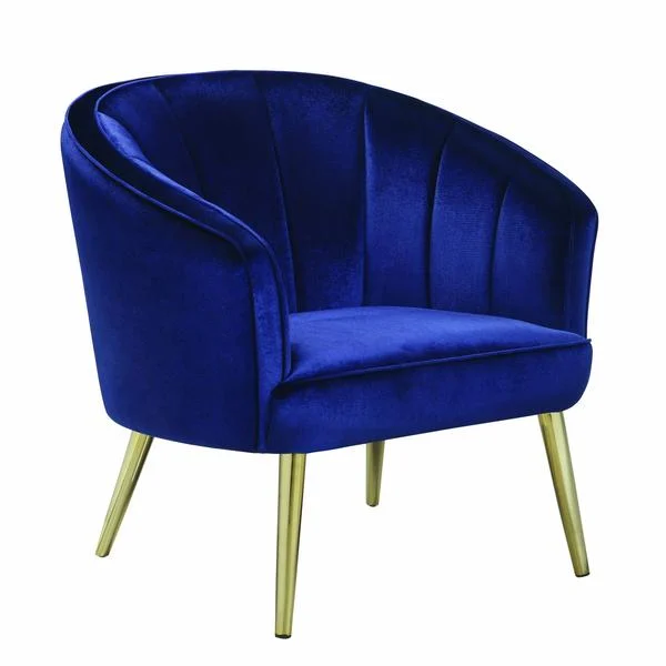 Benzara BM196737 Velvet Upholstered Accent Chair with Metal Legs, Blue & Brass