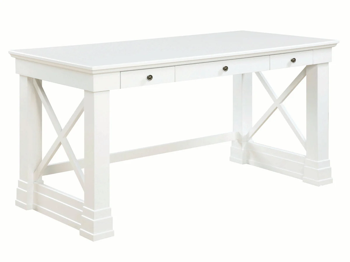 Benzara Three Drawer Rectangular Wooden Writing Desk with X shaped Side Panels, White