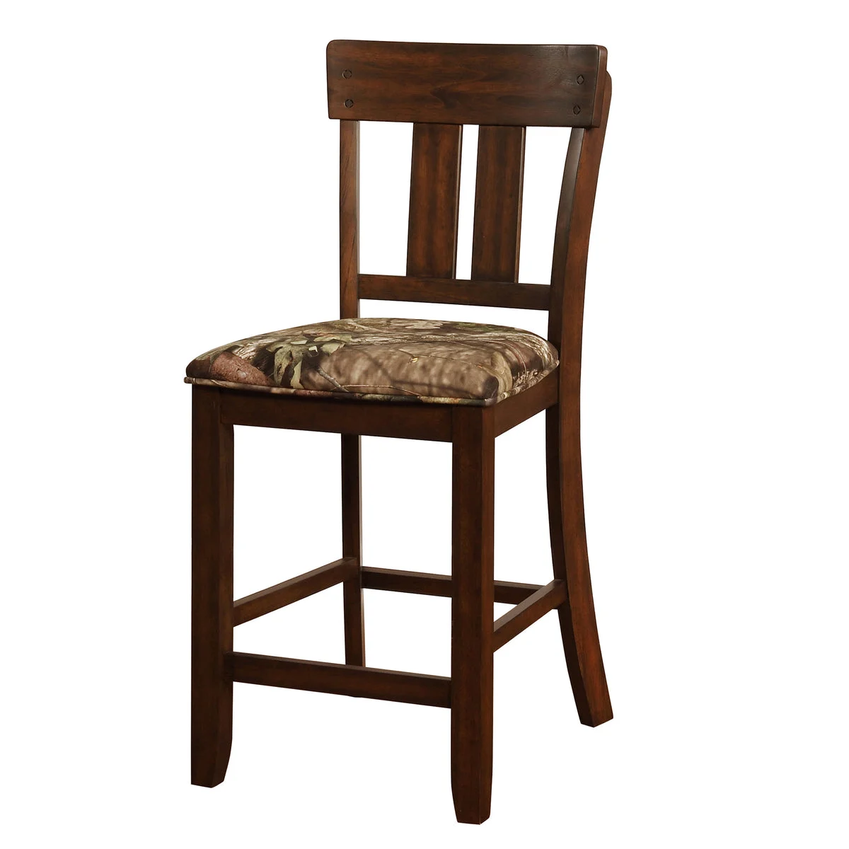 Benzara Wooden Counter Stool with Camouflage Fabric Seat, Green and Brown