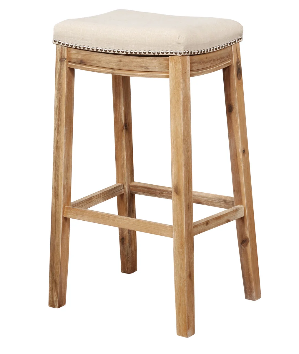 Benzara Saddle Top Wooden Bar Stool with Nailhead Accents, Brown and Beige