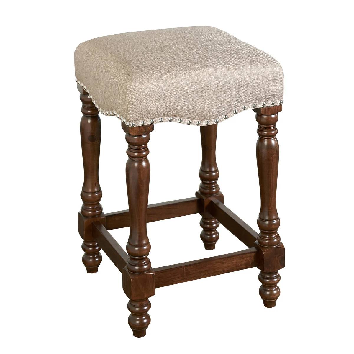 Benzara Traditional Style Wooden Counter Stool with Turned Legs,Brown and Beige