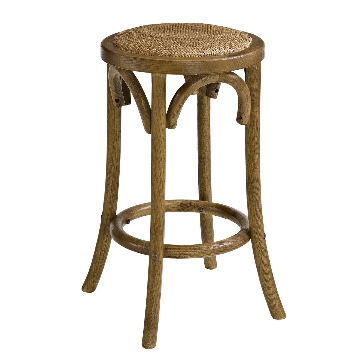 Benzara Wooden Counter Stool with Weave Top and Flared Legs, Dark Brown