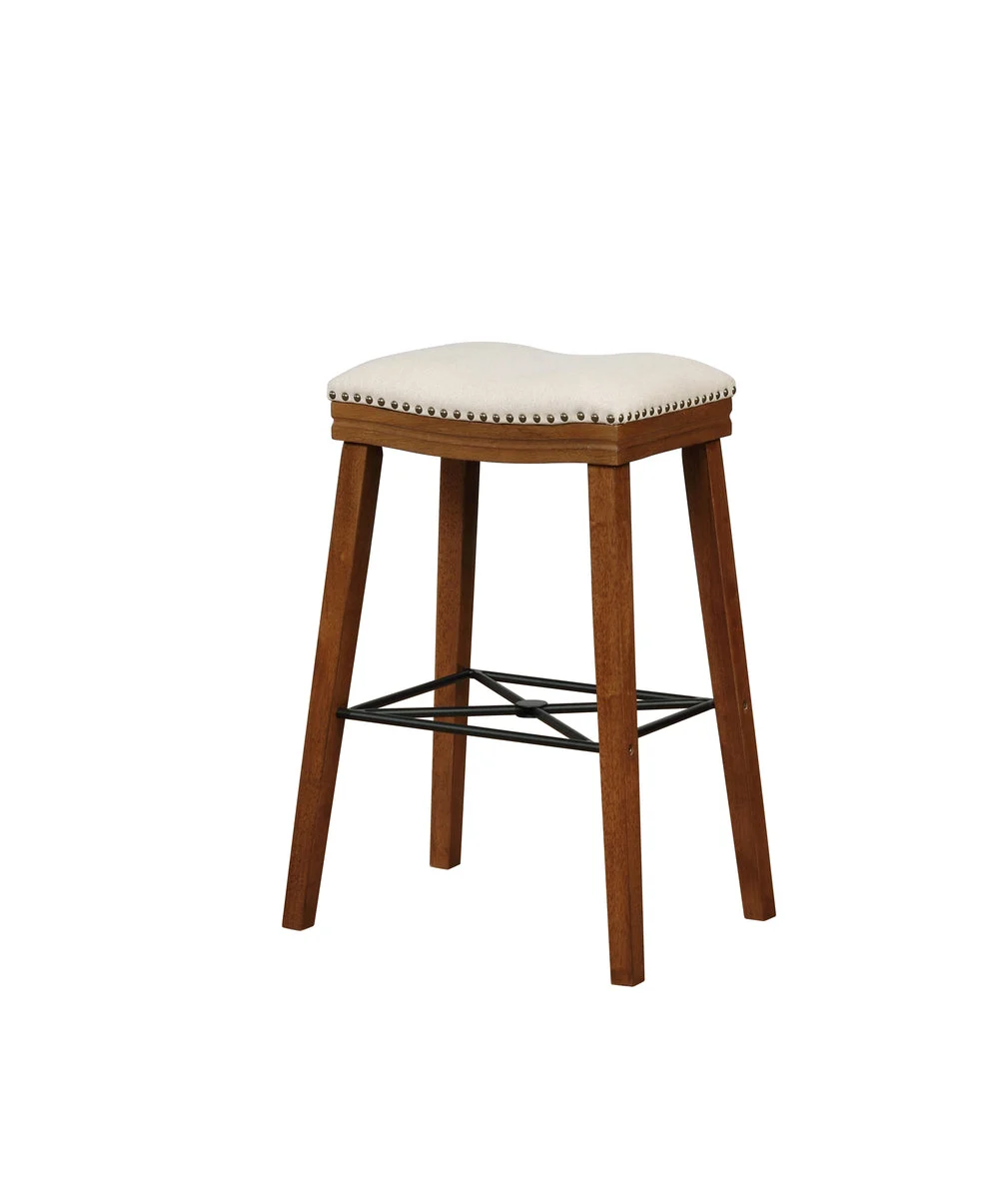 Benzara Fabric Upholstered Wooden Bar Stool with Metal Stretcher, Brown and Beige