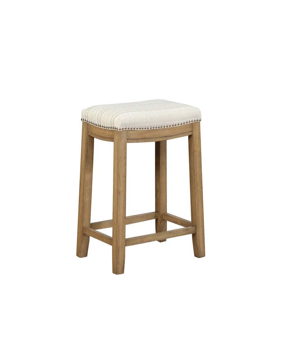 Benzara Wooden Counter Stool with Striped Fabric Upholstery, Brown and Beige