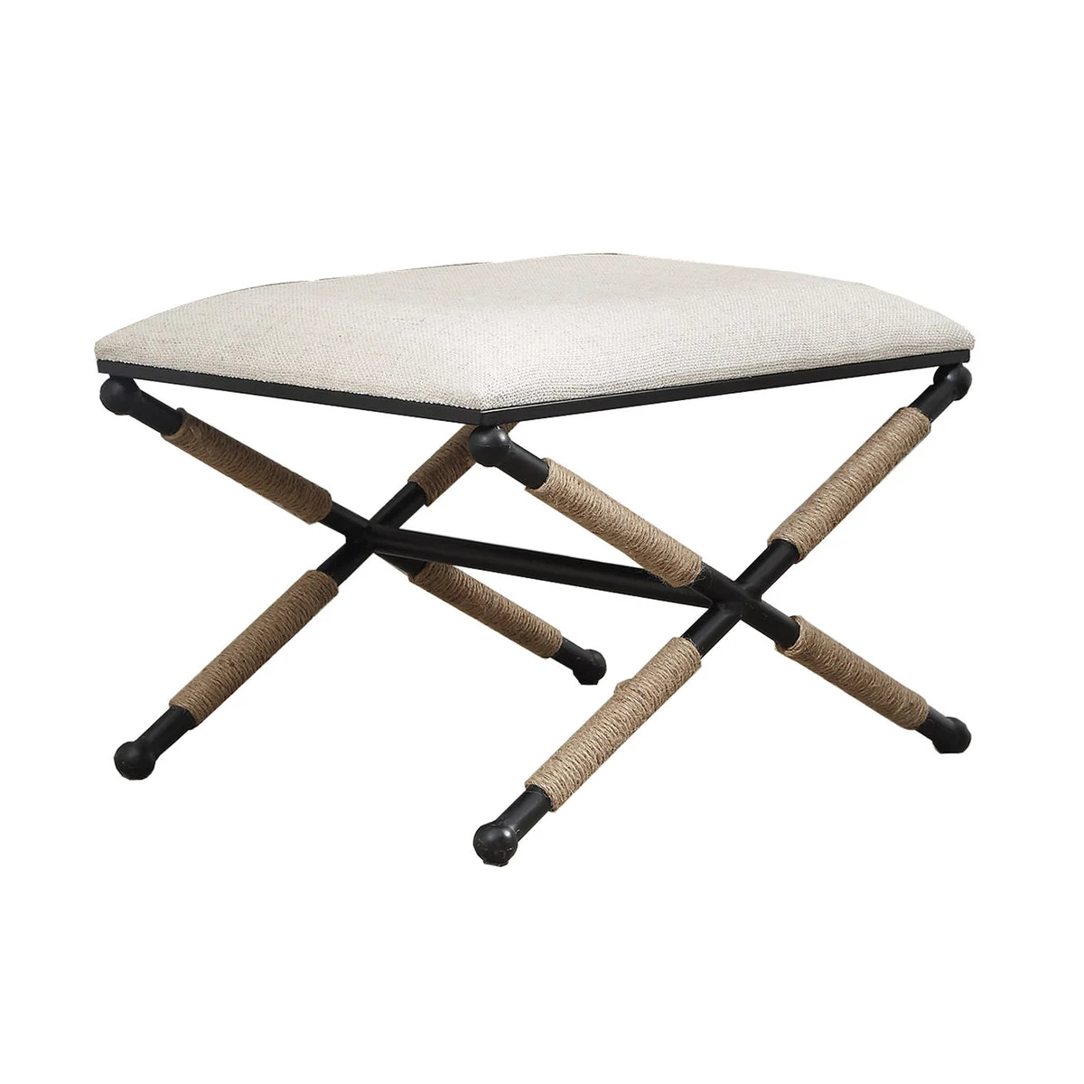 Benzara Padded Accent Stool with X Shaped Metal Legs and Wrapped Rope, Black