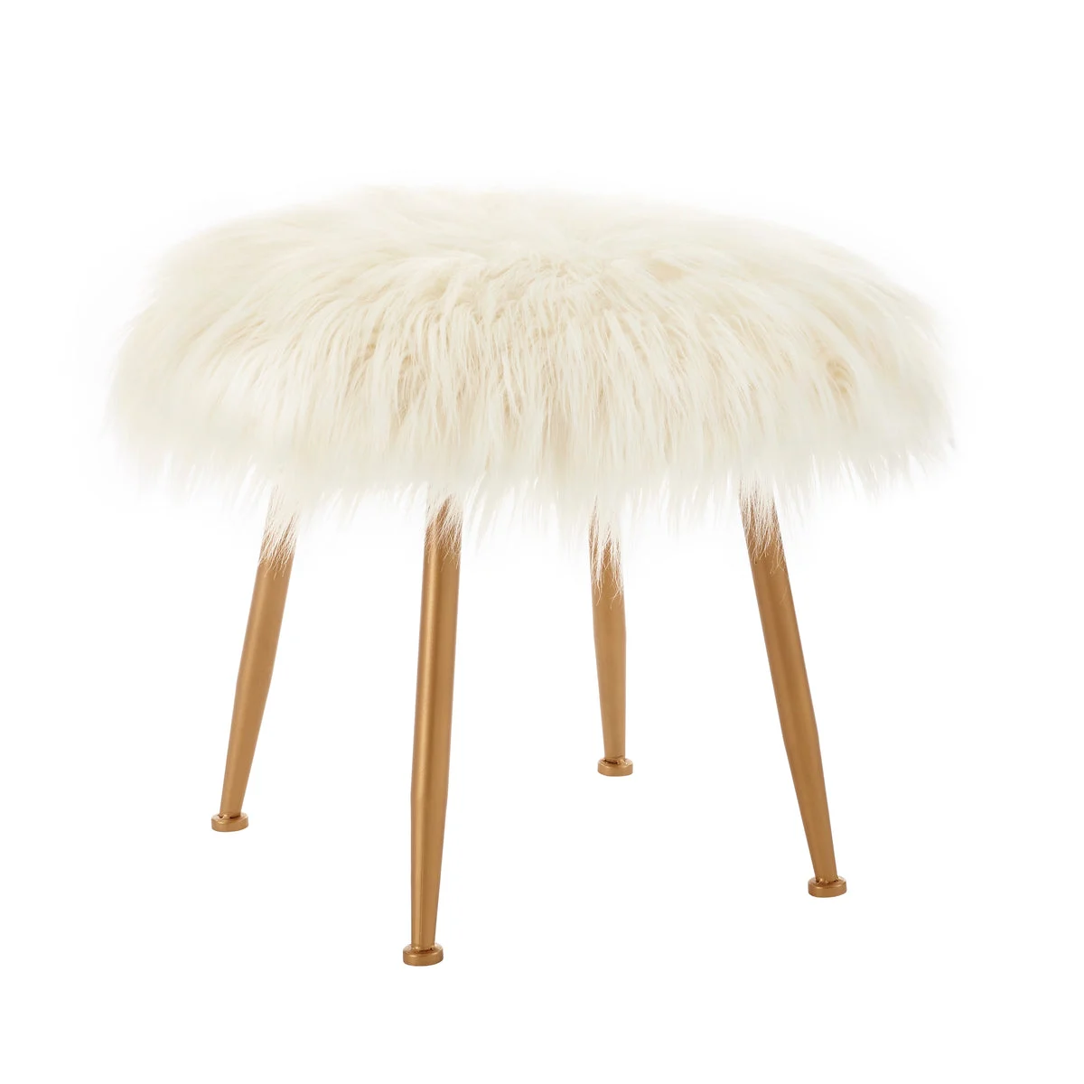 Benzara Faux Fur Upholstered Metal Stool with Angled Legs, Gold and Cream