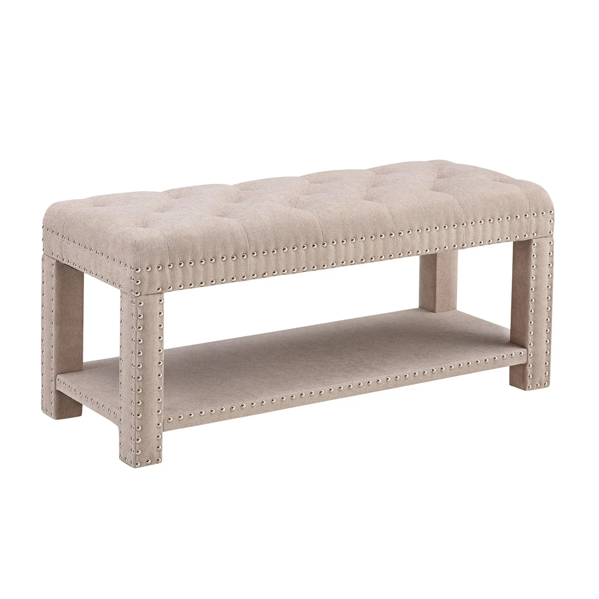 Benzara Fabric Upholstered Wooden Bench with Open Bottom Shelf, Beige