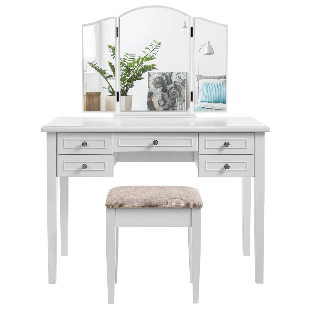 Benzara Wooden Vanity Set with 5 Drawers and Tri Fold Mirror, White and Beige