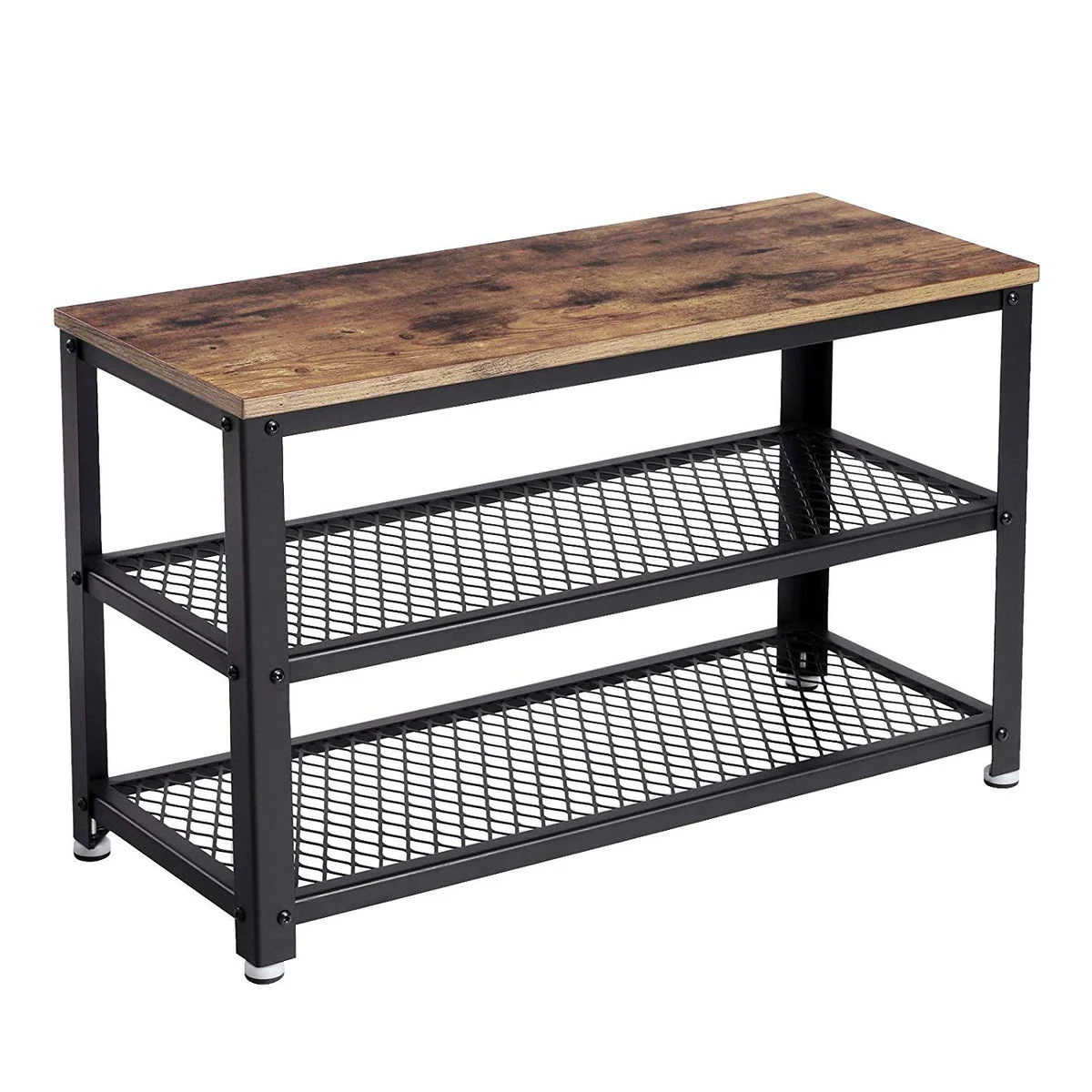 Benzara Vintage Wood and Metal Shoe Rack with 2 Mesh Shelves, Black and Brown
