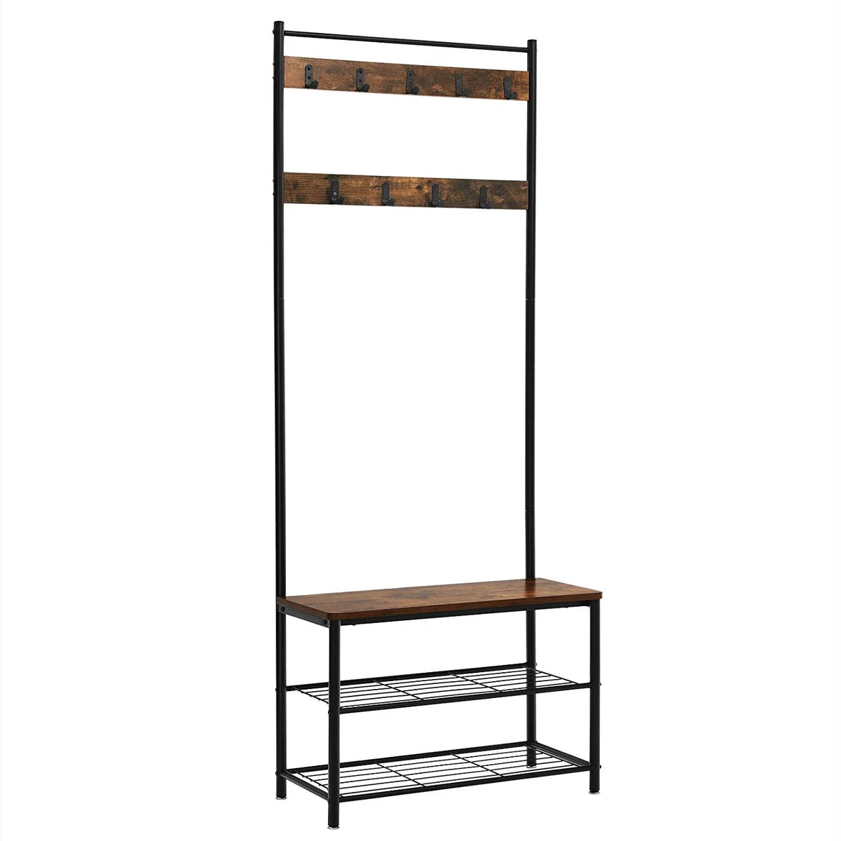 Benzara Wood and Metal Frame Hall Tree with 9 Hooks, Rustic Brown and Black