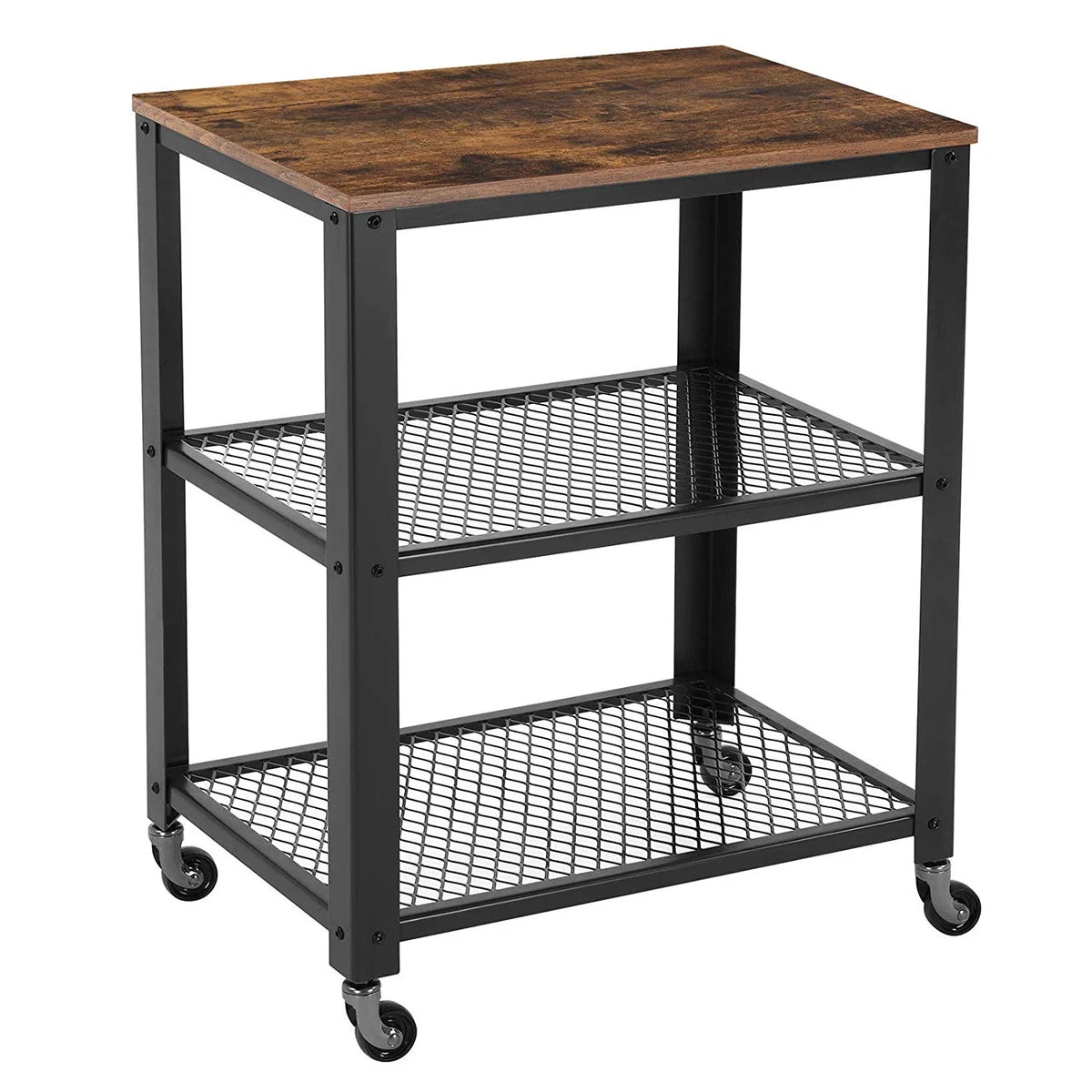Benzara 3 Tier Wooden Serving Cart with 2 Mesh Design Shelves, Black and Brown