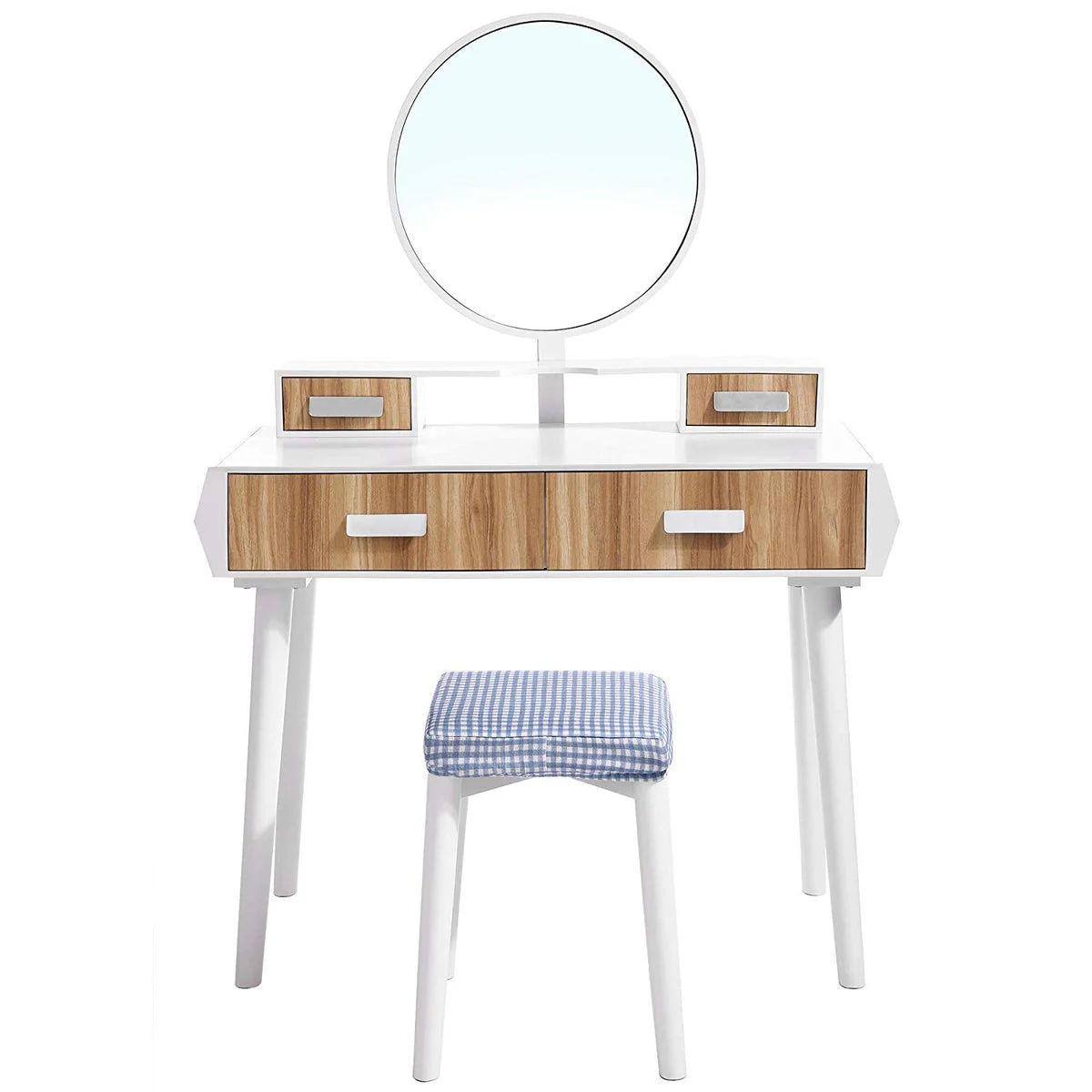 Benzara Wooden Vanity Set with Round Mirror and 4 Drawers, White and Brown