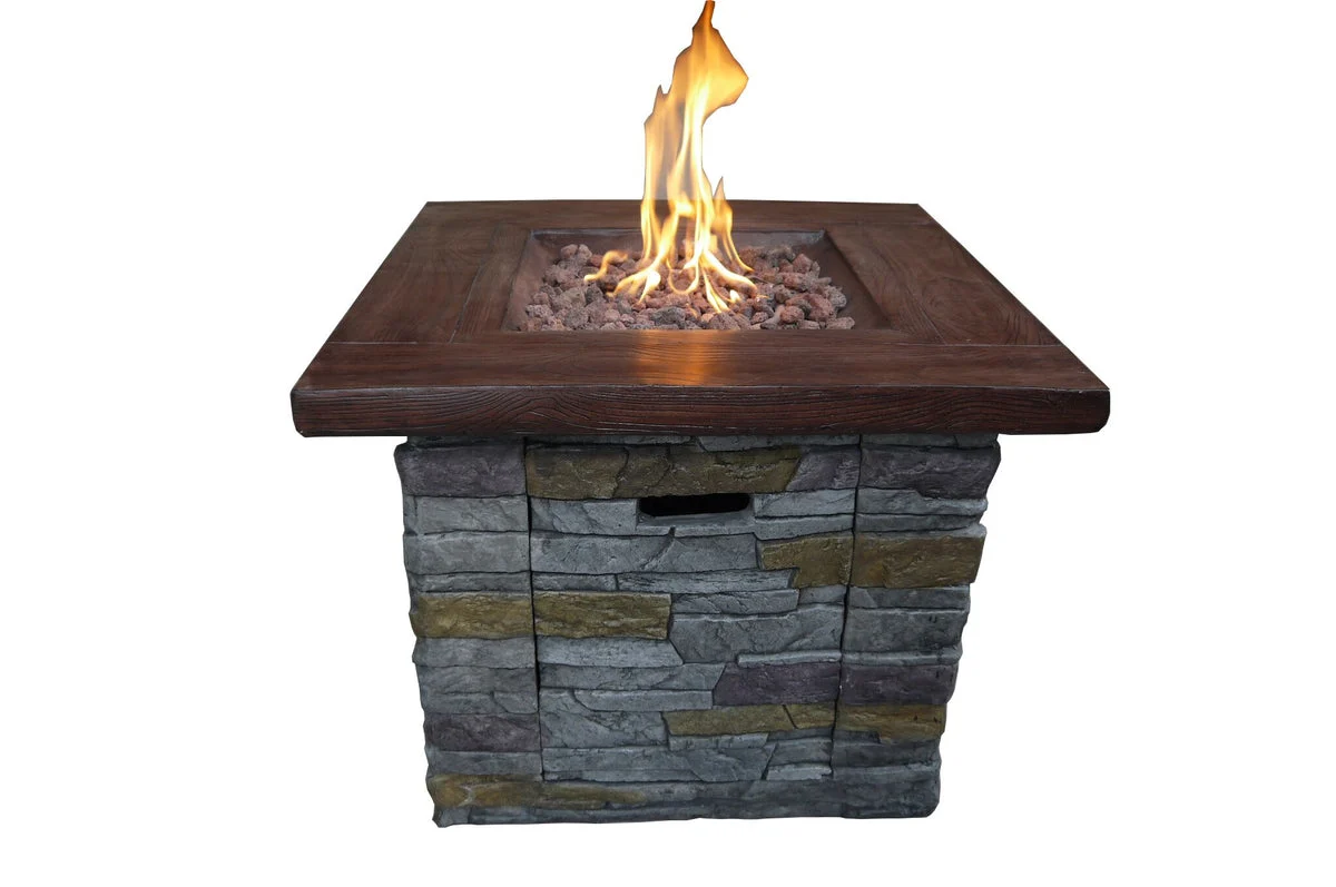 Benzara Square Wood Look Gas Fire Pit with Stone Cladding, Gray and Brown