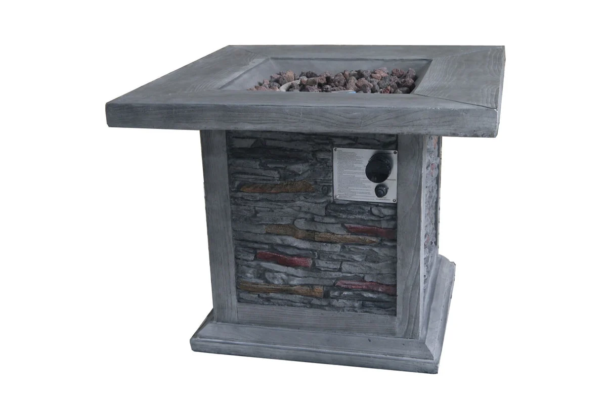 Benzara Wood Look Outdoor Gas Fire Pit with Stone Cladding and Lava Rocks,Gray