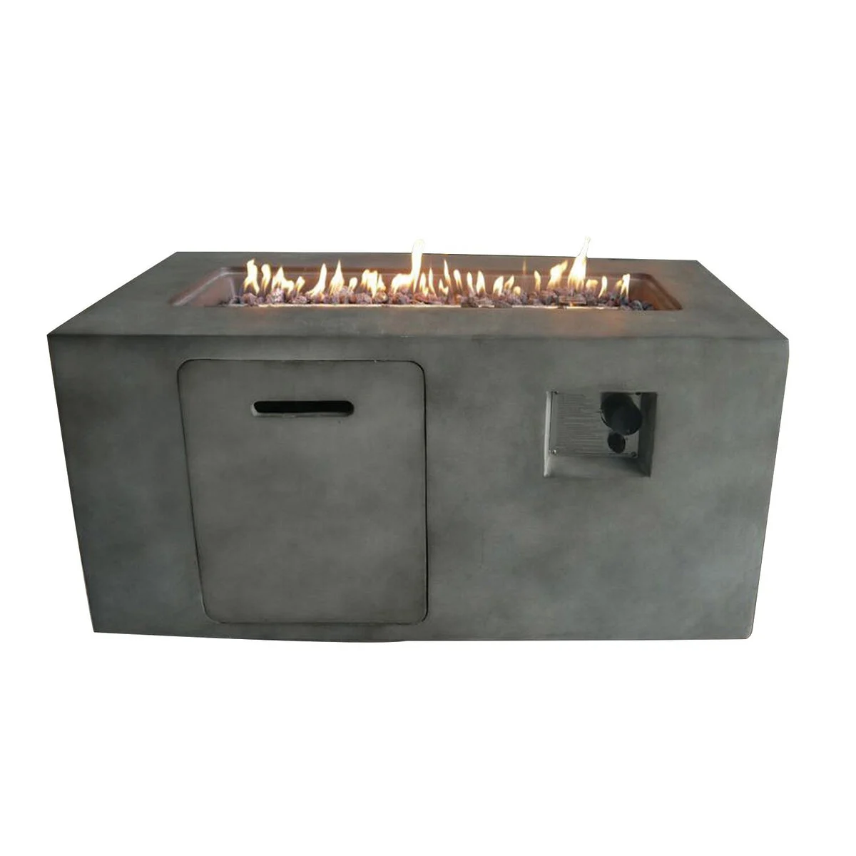 Benzara Rectangular Cement Gas Fire Pit with Lava Rocks and Control Panel,Gray