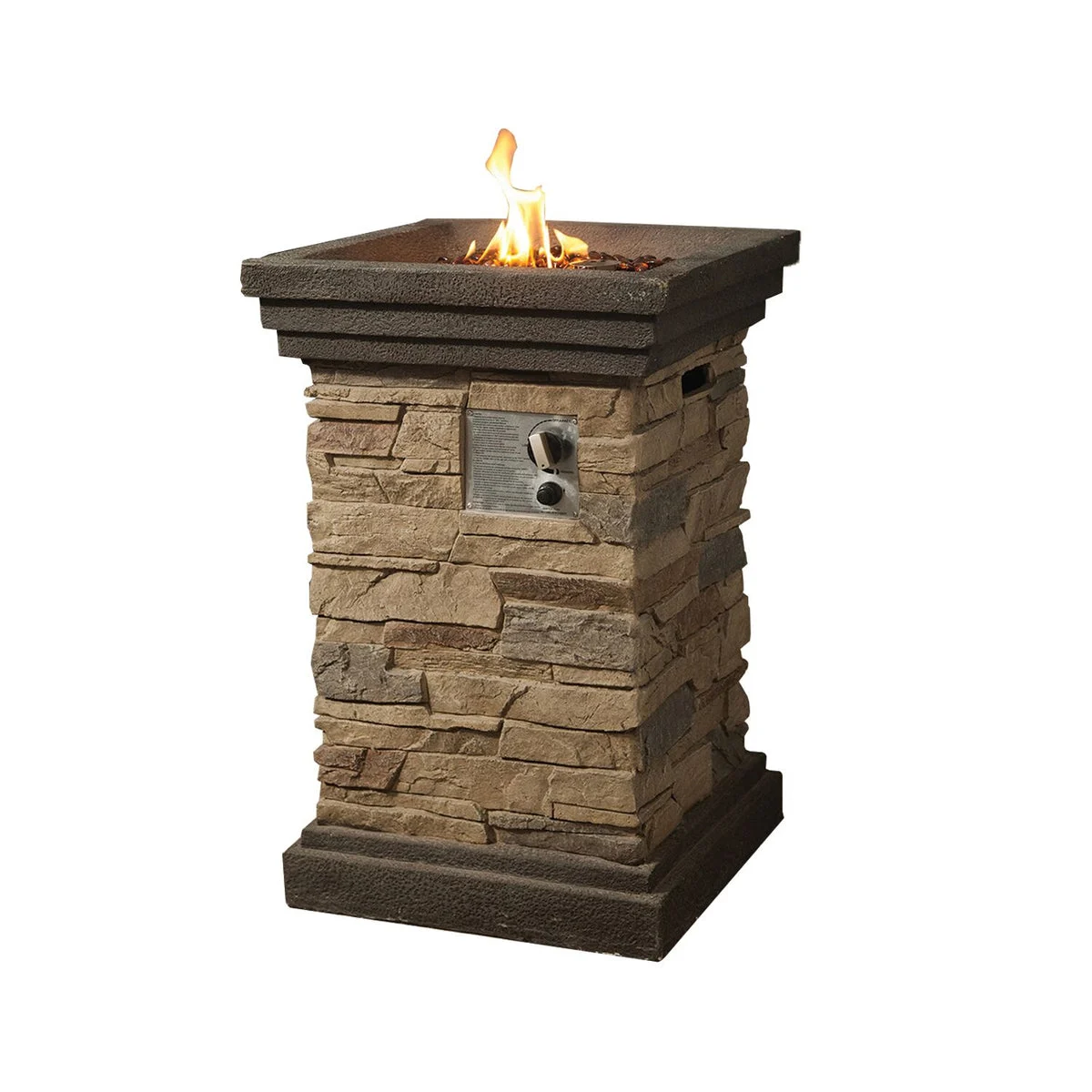 Benzara Square Outdoor Gas Fire Pit with Lava Rocks and Stone Cladding, Brown