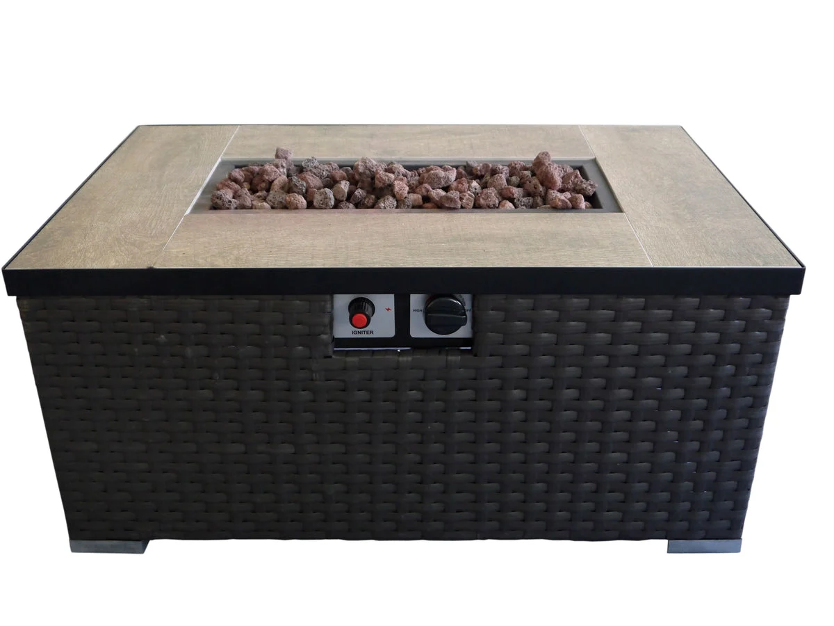 Benzara Rectangular Gas Fire Pit Table with Woven Pattern and Metal Lid, Brown