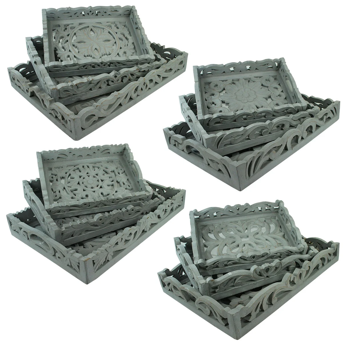 Benzara 3 Piece Carved Wood Tray Set with Mirror Inset, Assortment of 4, Gray