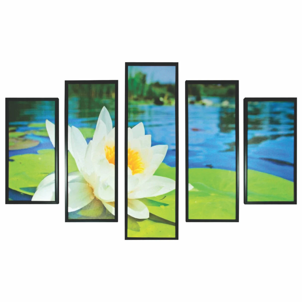 Benzara 5 Piece Wood Wall Decor with Lotus Flower and Lake Imprint,Multicolor