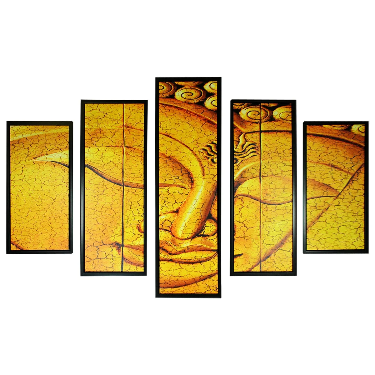Benzara 5 Piece Wood Wall Decor with Sleeping Buddha Print, Yellow and Black