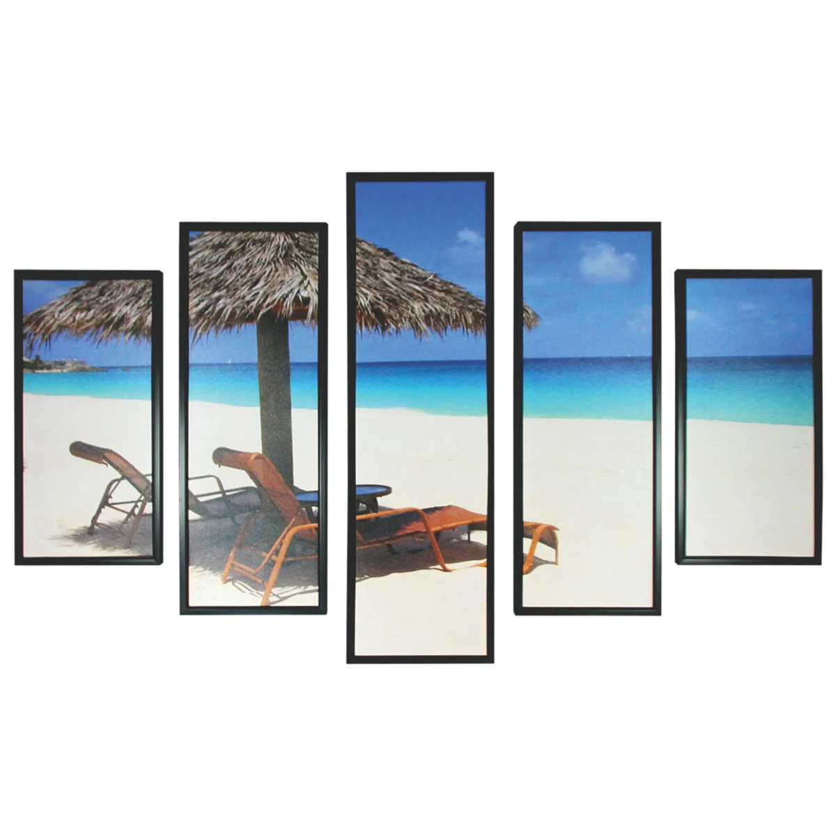 Benzara 5 Piece Wooden Beach View Wall decor with Shack and Benches,Multicolor