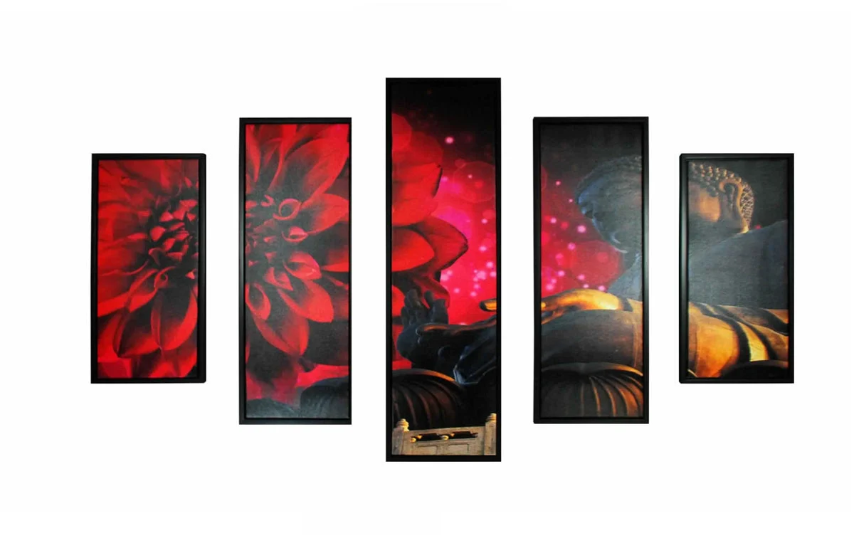 Benzara 5 Piece Wooden Wall Decor with Buddha and Flower Imprint, Multicolor