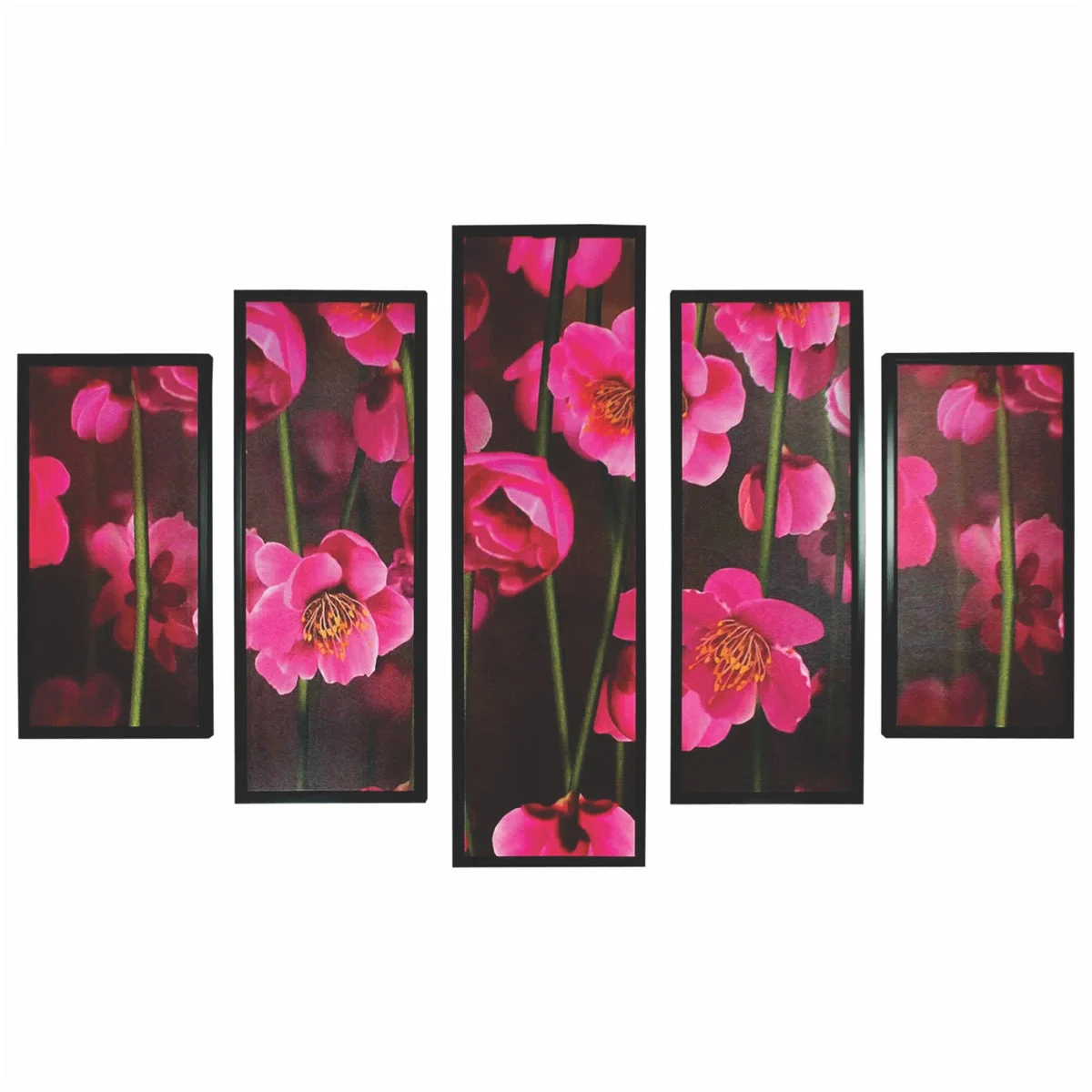 Benzara 5 Piece Wooden Wall Decor with Floral Print, Pink and Black