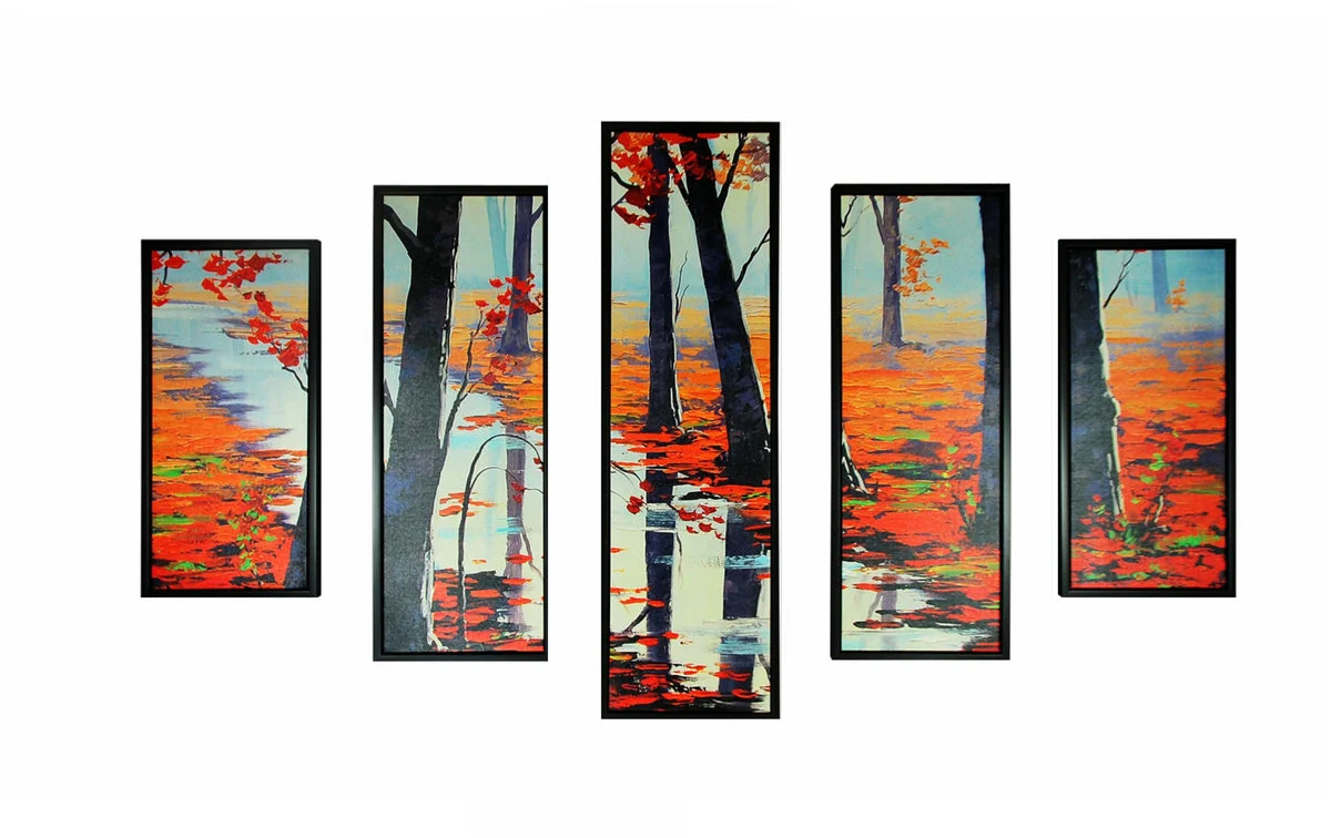 Benzara 5 Piece Wooden Wall Decor with Maple Tree in Autumn Sketch, Multicolor