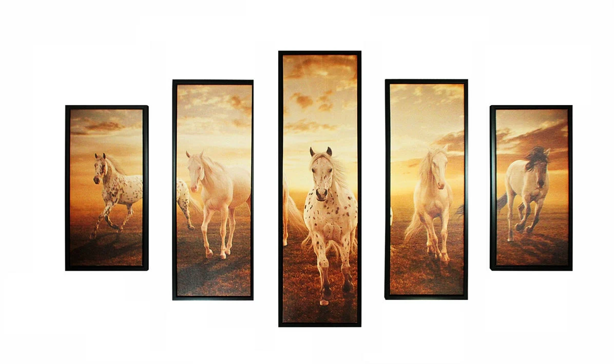 Benzara 5 Piece Wooden Wall Decor with Running Horses Imprint, Multicolor