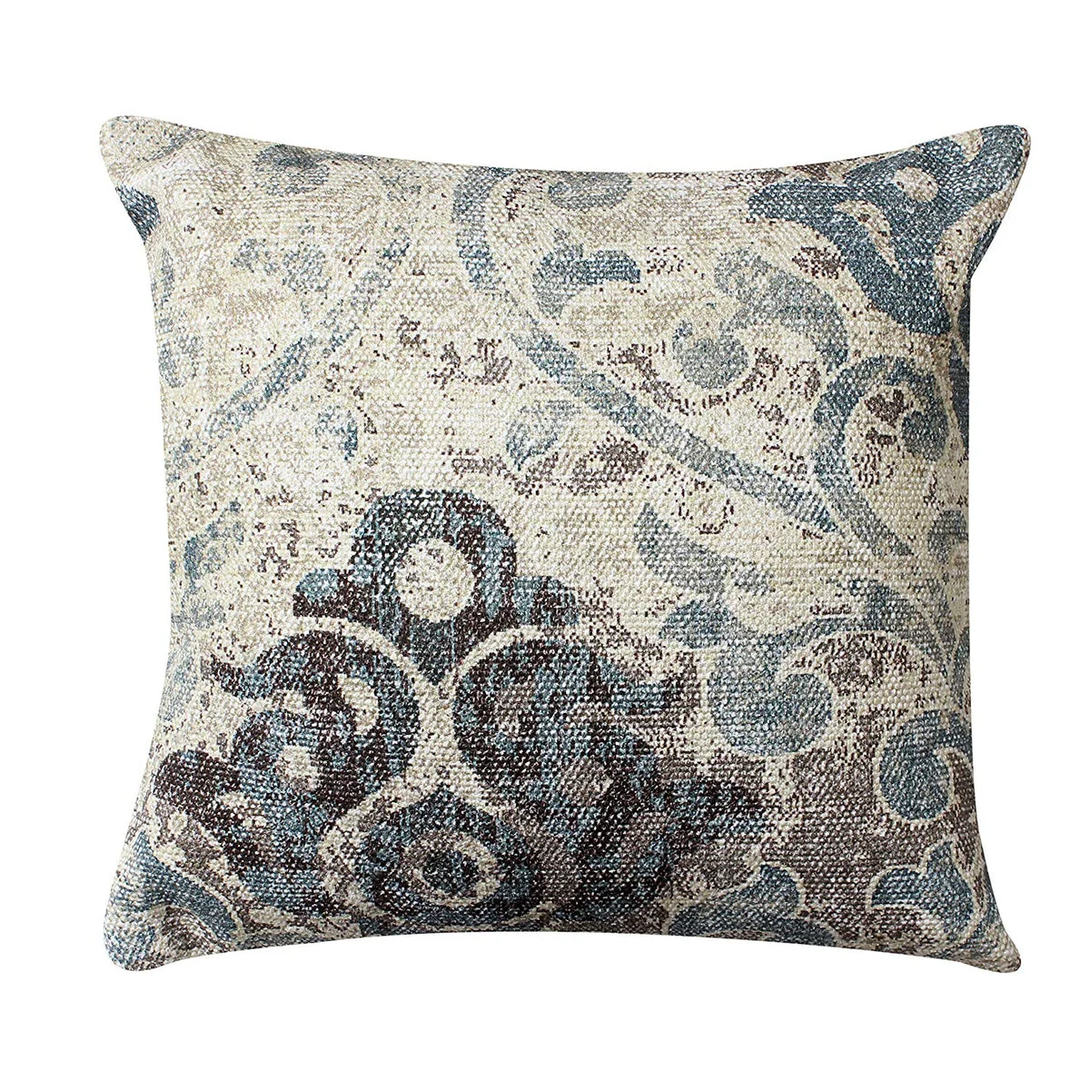 Benzara 18 x 18 Cotton Hand Woven Dhurri Pillow with Iris Print, White and Blue