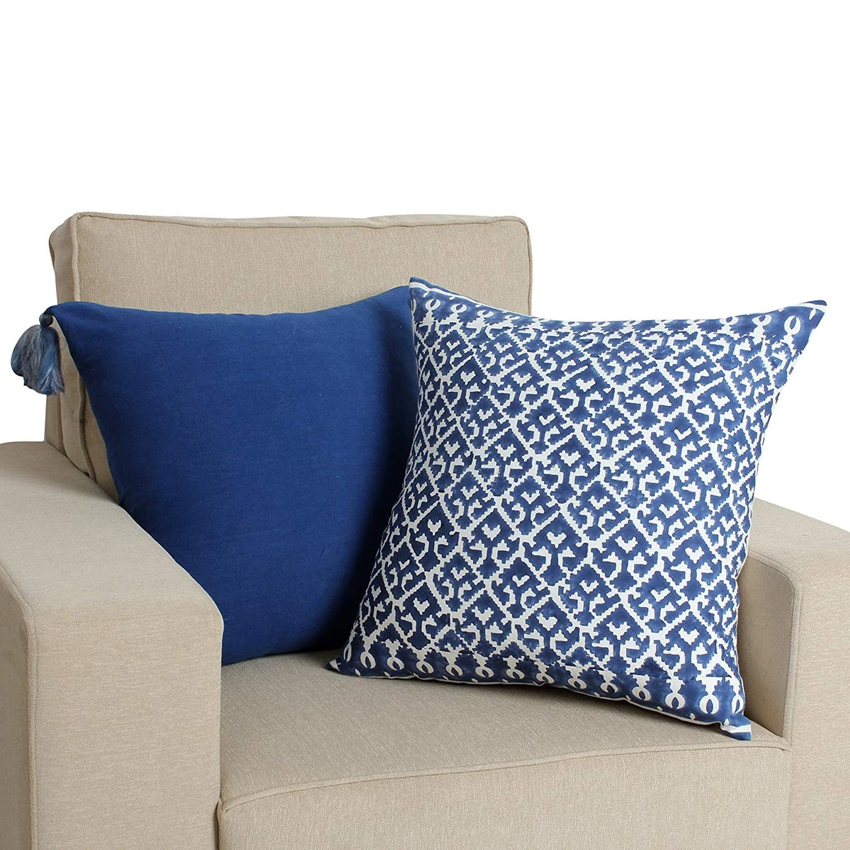 Benzara 18 x 18 Hand Block Printed Cotton Pillow with Ikat Pattern, White and Blue