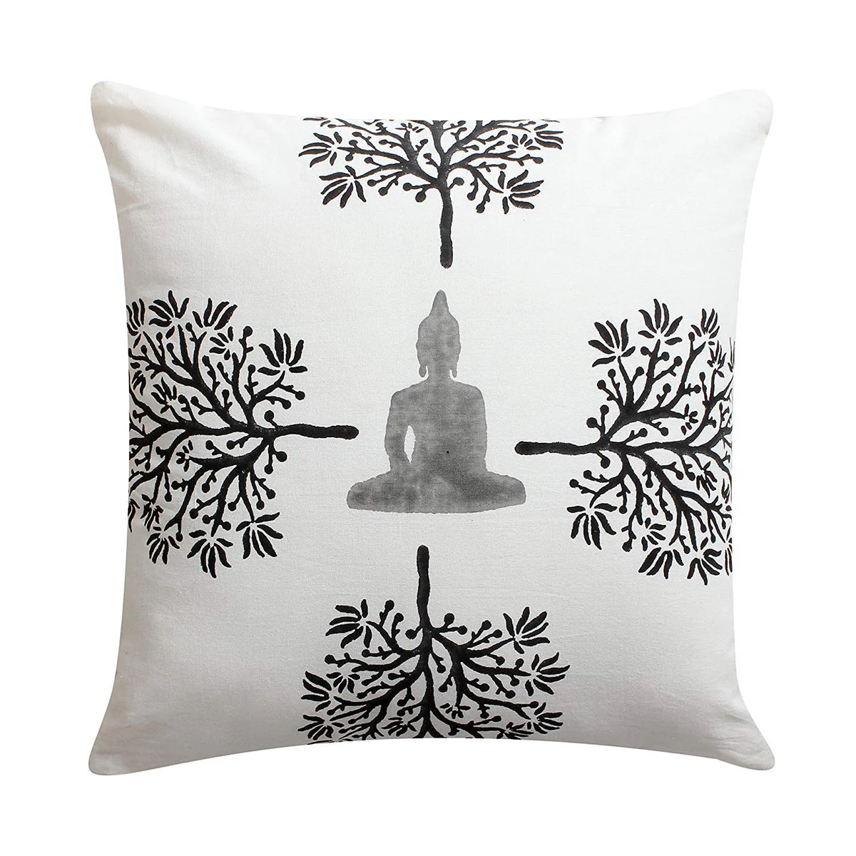 Benzara 18 x 18 Hand Block Printed Buddha and Trees Cotton Pillow, White and Black