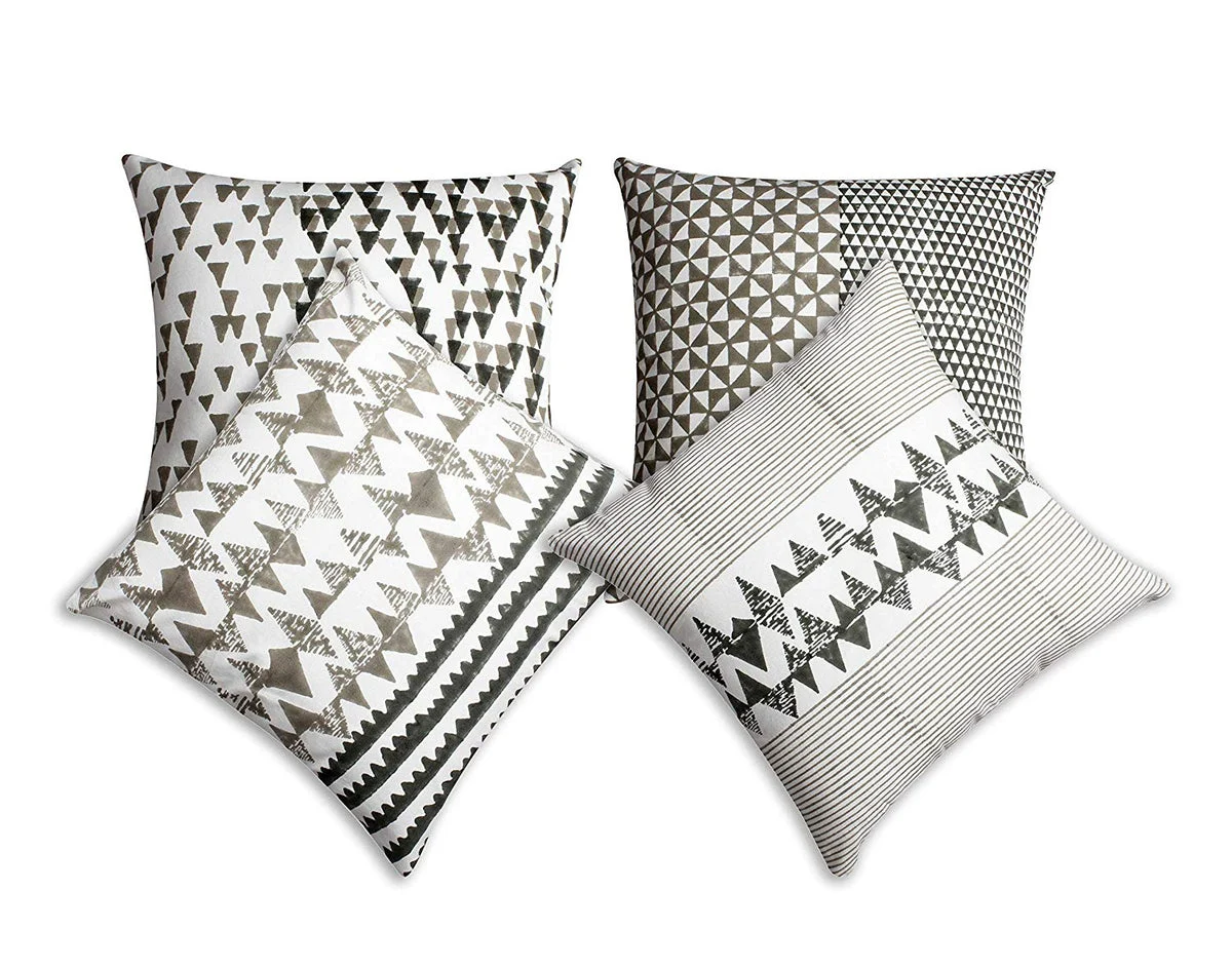 Benzara 18 x 18 Block Printed Cotton Pillow with Geometric Details, Set of 4, Multicolor