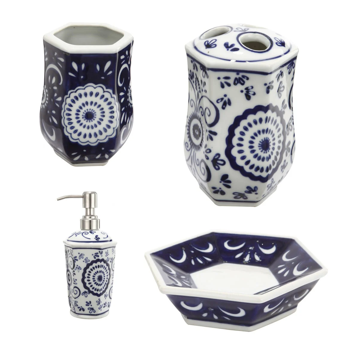 Benzara Elegantly Crafted Bath Accessories, Set of 4, Blue and White