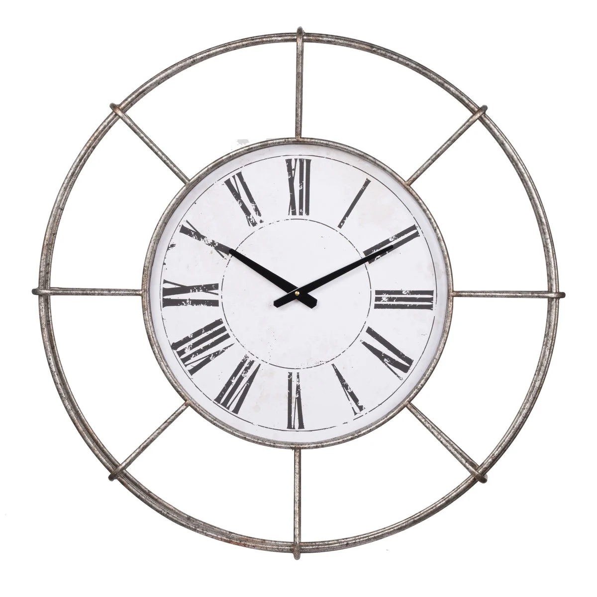 Benzara Metal Wall Clock with Circle Dial and Roman Numbers, Silver and White