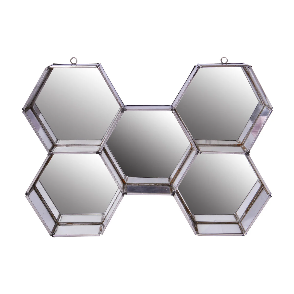 Benzara Hexagonal Mirrored Wall Display with Two Keyhole Hanger On Top, Silver