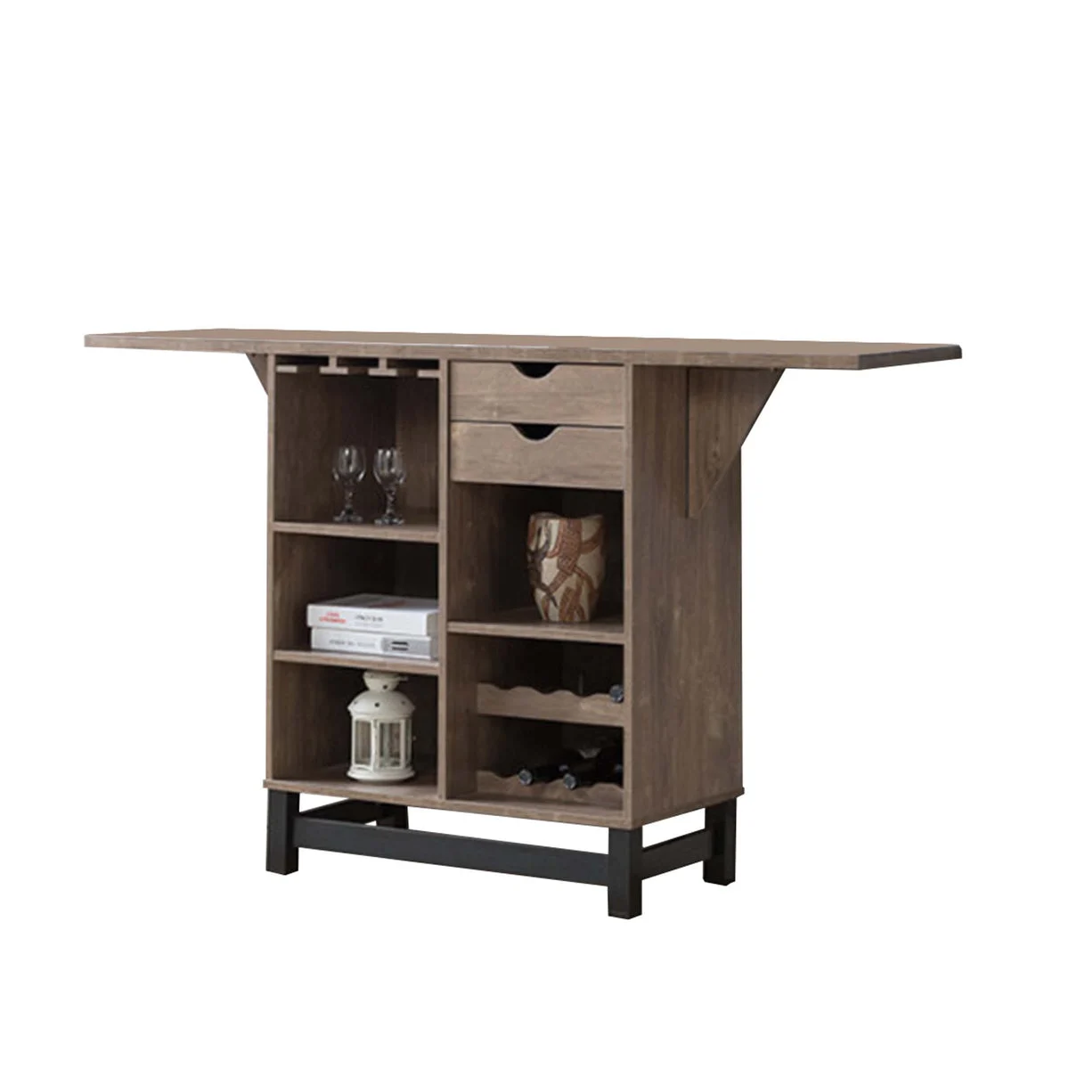 Benzara Spacious Wooden Wine Cabinet with Drop Down Leaf and Open Compartments, Brown