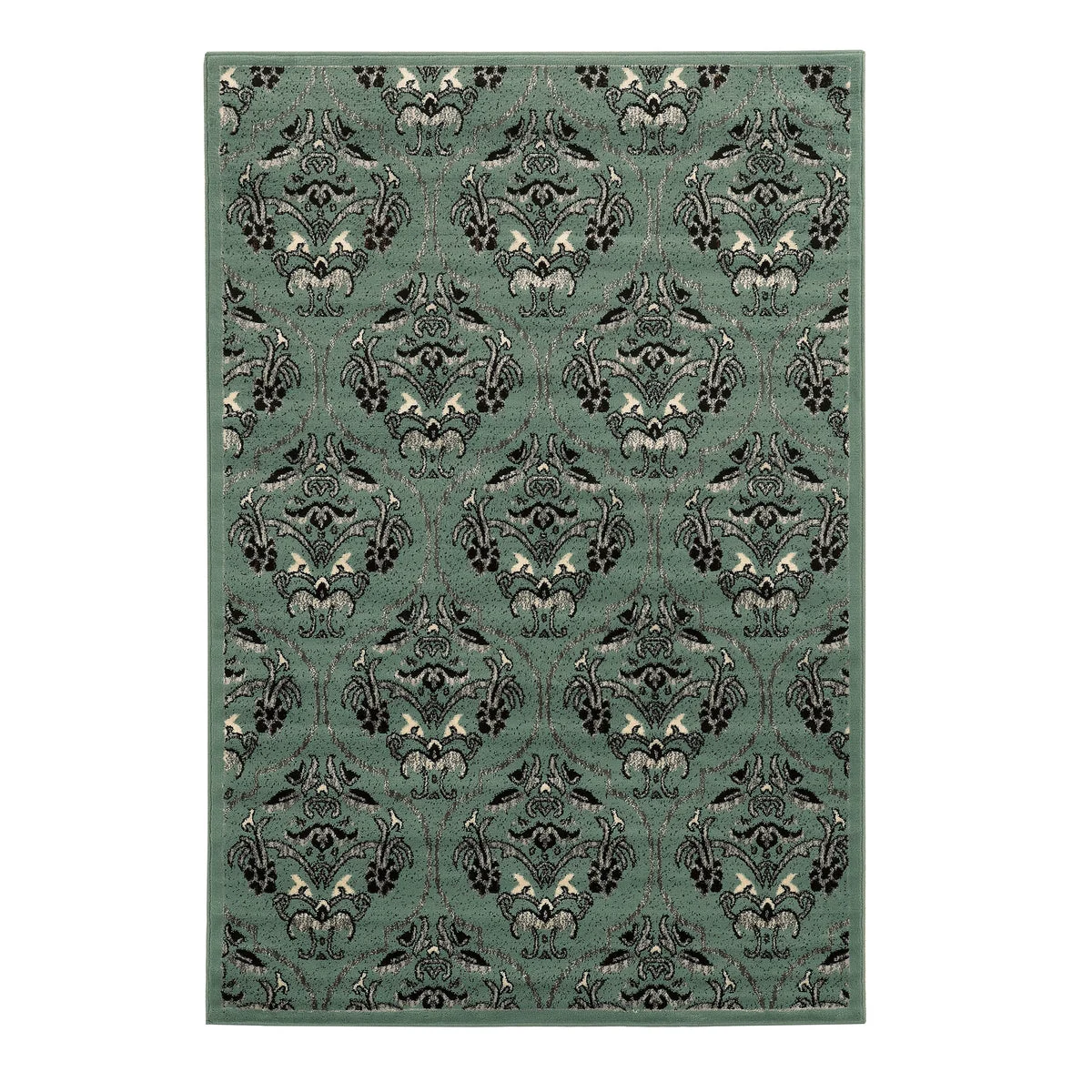 Benzara 3 X 2 Feet Power Loom Polypropylene Rug with Damask Pattern, Green and Black